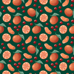 rich seamless pattern with oranges, lingonberries, and cranberries on a deep dark green background.
