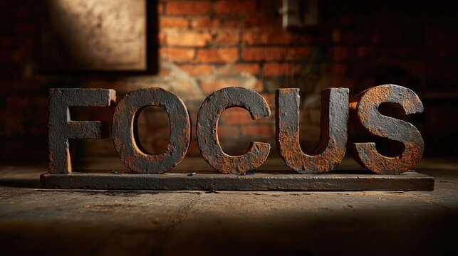 Rustic metal sign that reads focus with a weathered finish on wooden surface