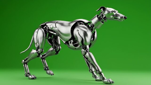 Metallic robot dog on green backdrop for futuristic concepts