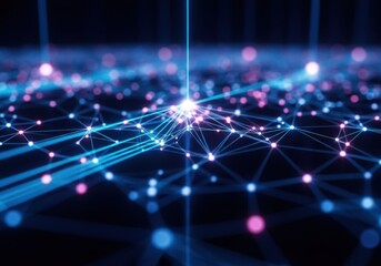 Abstract digital network of glowing blue and pink nodes connected by light beams on a dark background, representing data transfer and connectivity