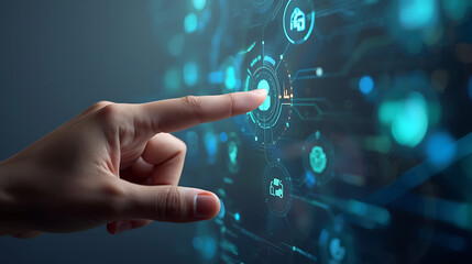 Hand Touching Digital Screen Interface Futuristic Technology Connection System Artificial Intelligence Communication Innovation, Blue Background