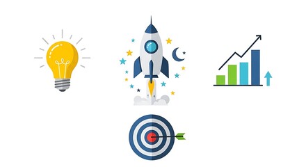 Business Growth and Success Icons - Idea, Launch, Target, and Progress.