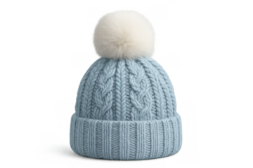 Blue knit wool beanie hat with a white pom-pom, cable knit pattern, providing warmth and winter fashion on transparent background