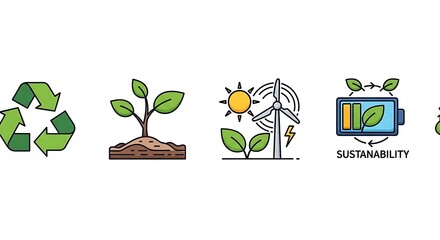 Sustainability Icons - Recycling, Growth, Renewable Energy, and Eco-Friendly Battery.