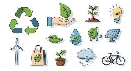 Eco-friendly icons set for sustainability and green energy concepts.