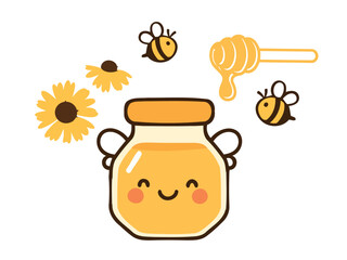 Cute honey bee vector set, smiling bees with honey jar, dipper and flowers, kawaii yellow illustration for kids card, sticker, poster, packaging and pattern