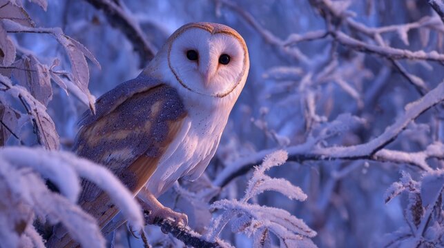 A barn owl perched in a snowy tree at twilight,