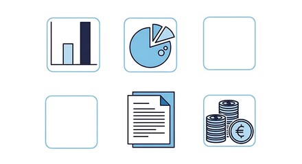 Business and Finance Icons Set with Bar Chart Pie Chart Document and Euro Coins.