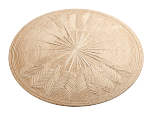 Woven, textured, natural fiber disc with radial starburst pattern