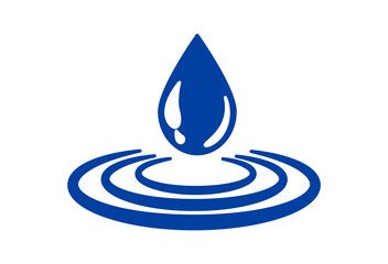 Minimalistic blue water drop icon creating ripples, symbolizing purity and tranquility.