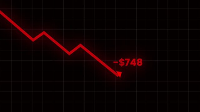 Red falling line chart animation with negative market value and glitch loss indicator. Represents financial crash, trading loss, and stock decline. Dark grid background for dramatic crisis mood.
