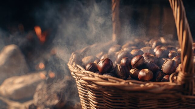A basket of freshly peeled chestnuts roasting over an open fire, smoke and steam rising gently,