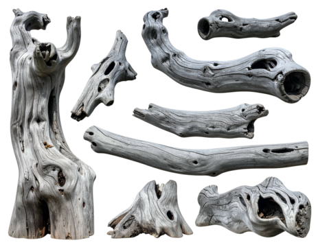 Weathered, hollowed wood pieces, organic shapes, varied textures