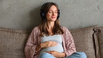 Pregnant woman relaxing on sofa with headphones listening to music and touching belly in peaceful home atmosphere