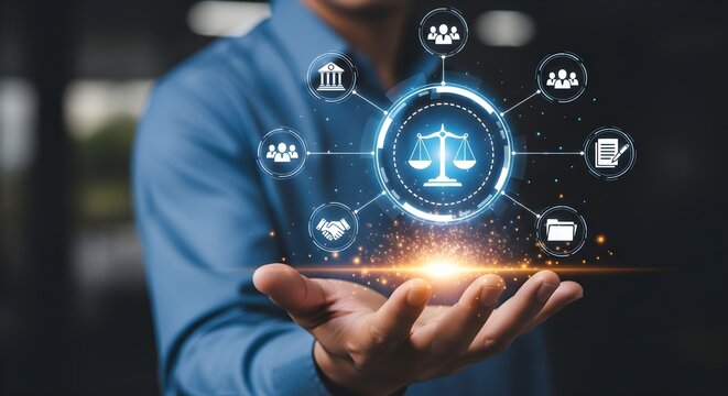 A man holds a digital representation of scales of justice surrounded by icons representing legal services and business processes.