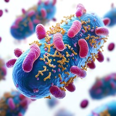 Detailed depiction of bacteria highlighting their unique structures and vibrant colors under a microscope.