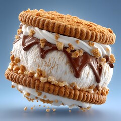 Delicious dessert featuring a creamy ice cream sandwich with crispy cookies and rich chocolate ganache.