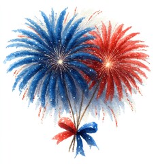 Colorful fireworks in red and blue explode against a festive backdrop, symbolizing celebration and joy.