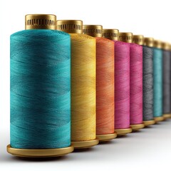Colorful spools of thread lined up in a row, showcasing vibrant hues for sewing and crafting projects.