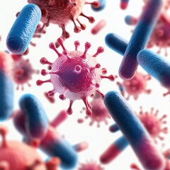 Close-up view of colorful bacteria and viruses under a microscope, illustrating microbial life and its complexity.