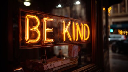 Neon sign reading 'Be Kind' glowing warmly in a cozy urban cafe window
