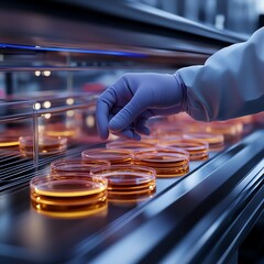A researcher carefully handling petri dishes with orange liquid in a high-tech laboratory setting.