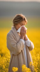 Springtime Allergy: Capturing a woman in a field of yellow flowers, gently using a tissue, symbolizing seasonal discomfort and the embrace of nature's beauty amidst allergy season.