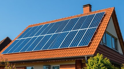 Fototapeta premium Solar panels on house roof, sunny day, energy efficiency