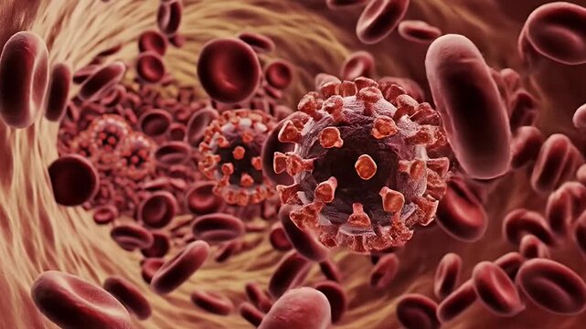 A compelling 3D animation depicts highly detailed, spherical viral particles, prominently featuring characteristic spike proteins, navigating through a constricted biological pathway alongside countle