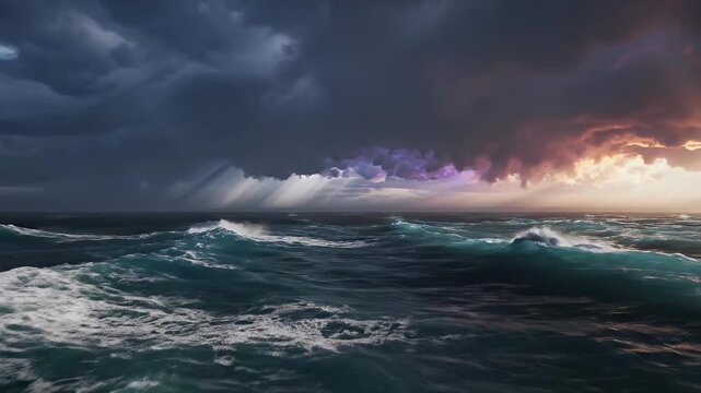 A dramatic and turbulent ocean scene unfolds with large, powerful waves crashing under a stormy, foreboding sky. Rays of sunlight pierce through a break in the heavy clouds, illuminating parts of the 