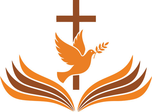 Dove carrying an olive branch in front of a cross and open book
