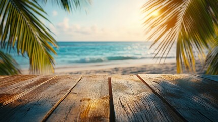 A serene beach scene with wooden planks in the foreground, framed by palm leaves, and a sunlit ocean view in the background.