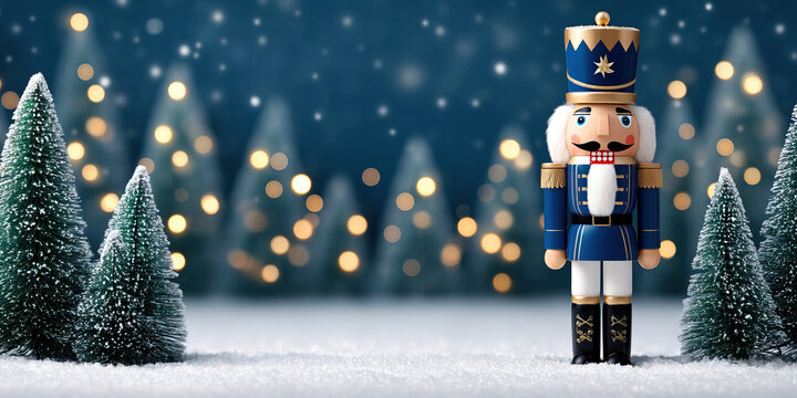 Blue and gold wooden nutcracker soldier standing on snowy foreground with frosted evergreen trees and warm bokeh lights creating festive holiday atmosphere