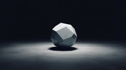 Geometric sculpture casting a dramatic shadow in a spotlighted dark space