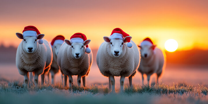Sheep wearing red Santa hat walking across frosty field at sunrise with glowing orange sky and warm backlight, festive rural winter scene with soft wool texture - Powered by Adobe