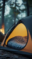 Cozy camping tent with a bed in forest setting at dusk  