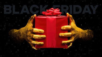High-contrast Black Friday campaign with gold hands presenting large red gift, gold bow, shimmering black cosmic background, dramatic branding for premium retail events