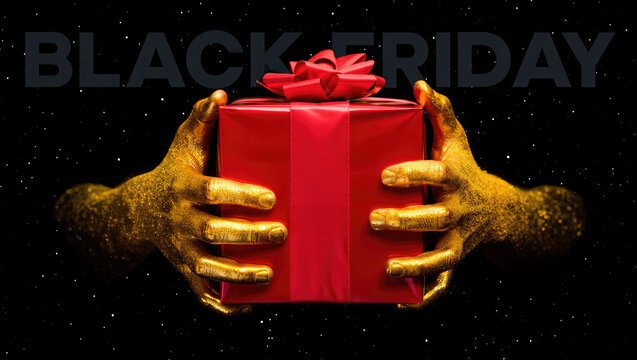 High-contrast Black Friday campaign with gold hands presenting large red gift, gold bow, shimmering black cosmic background, dramatic branding for premium retail events