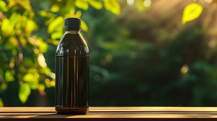 Dark beverage bottle on wooden table with sunlight and greenery  