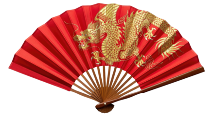 A Red Chinese Fan with Golden Dragon Isolated PNG