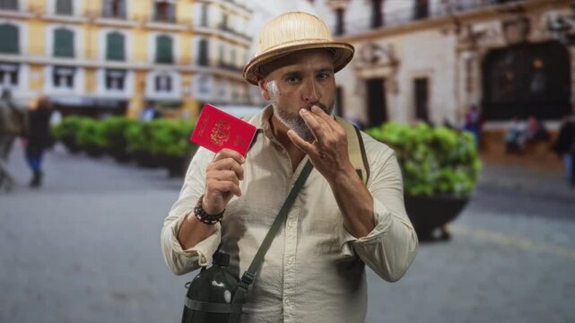 Man with beard holding red passport, hand to lips for silence on busy european street, wearing pith helmet and backpack; curiosity travel.