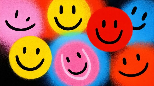 A colorful arrangement of smiley faces in various colors including yellow, pink, red, and blue, with a playful and cheerful vibe