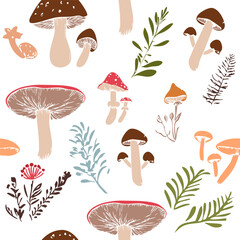 Seamless pattern of autumn mushrooms herbs and leaves in warm earthy tones. Vector illustration
