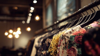 Elegant clothing display with floral patterns in stylish boutique under warm lighting