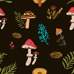 Seamless pattern of autumn mushrooms herbs and leaves in warm earthy tones. Vector illustration