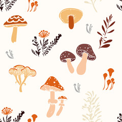 Seamless pattern of autumn mushrooms herbs and leaves in warm earthy tones