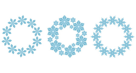 Collection of elegant blue snowflake wreath designs isolated on white background, perfect for Christmas cards, winter invitations, holiday decorations, festive branding, and seasonal graphic projects.
