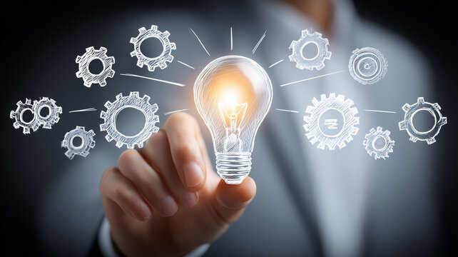 Lightbulb with surrounding gears touched by a hand symbolizing innovation practical ideas and the mechanics of execution.
