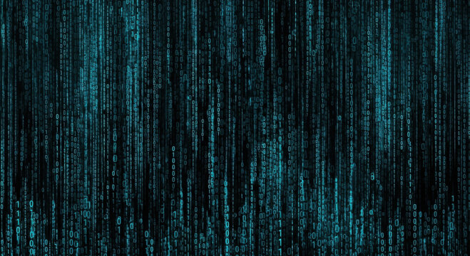 Abstract blue data matrix code on a black seamless background.