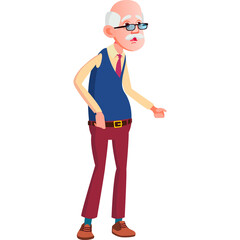 Elderly Caucasian Man Standing With Red Pants Blue Vest Yellow Shirt And Glasses Caucasian Senior Person Posing In Studio With White Background